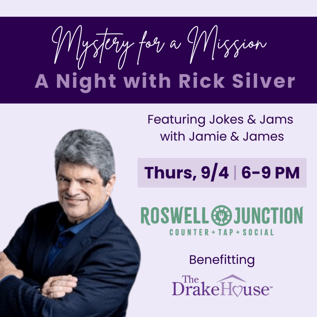 Join us at Roswell Junction on Thursday, September 4 from 6–9 PM for an unforgettable evening of music, laughter, and mystery—all in support of The Drake House, Roswell Junction’s Charity of the Month!
